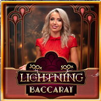Lightning Baccarat game featuring a female dealer in a red dress, with ornate art deco background and game title displaying 300x and 500x multipliers.