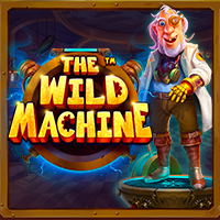 The Wild Machine game featuring a whimsical scientist character in a white lab coat standing next to a large mechanical contraption, with the game's title displayed in bold, yellow letters.